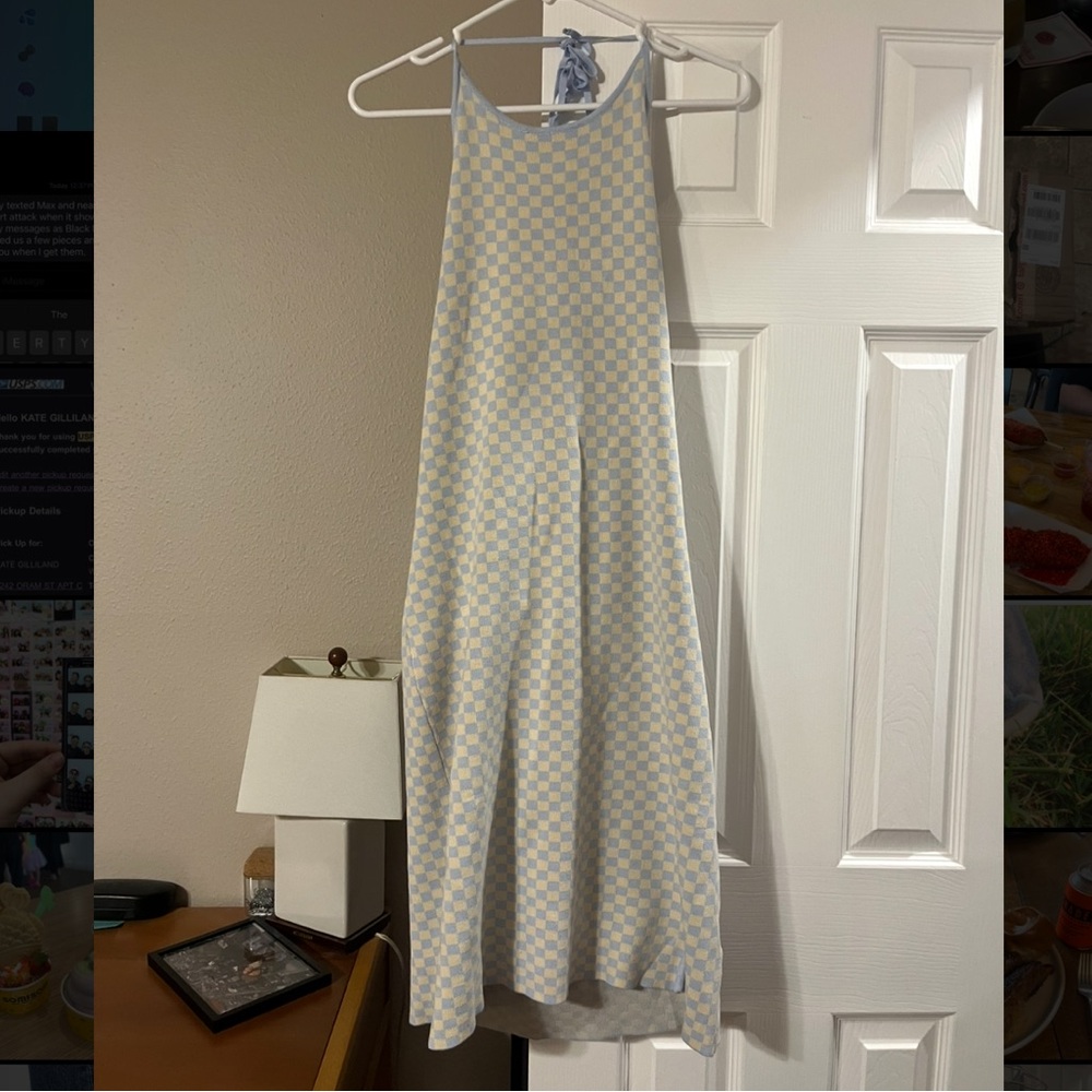 Free People Blue and Yellow Checkered Midi Dress